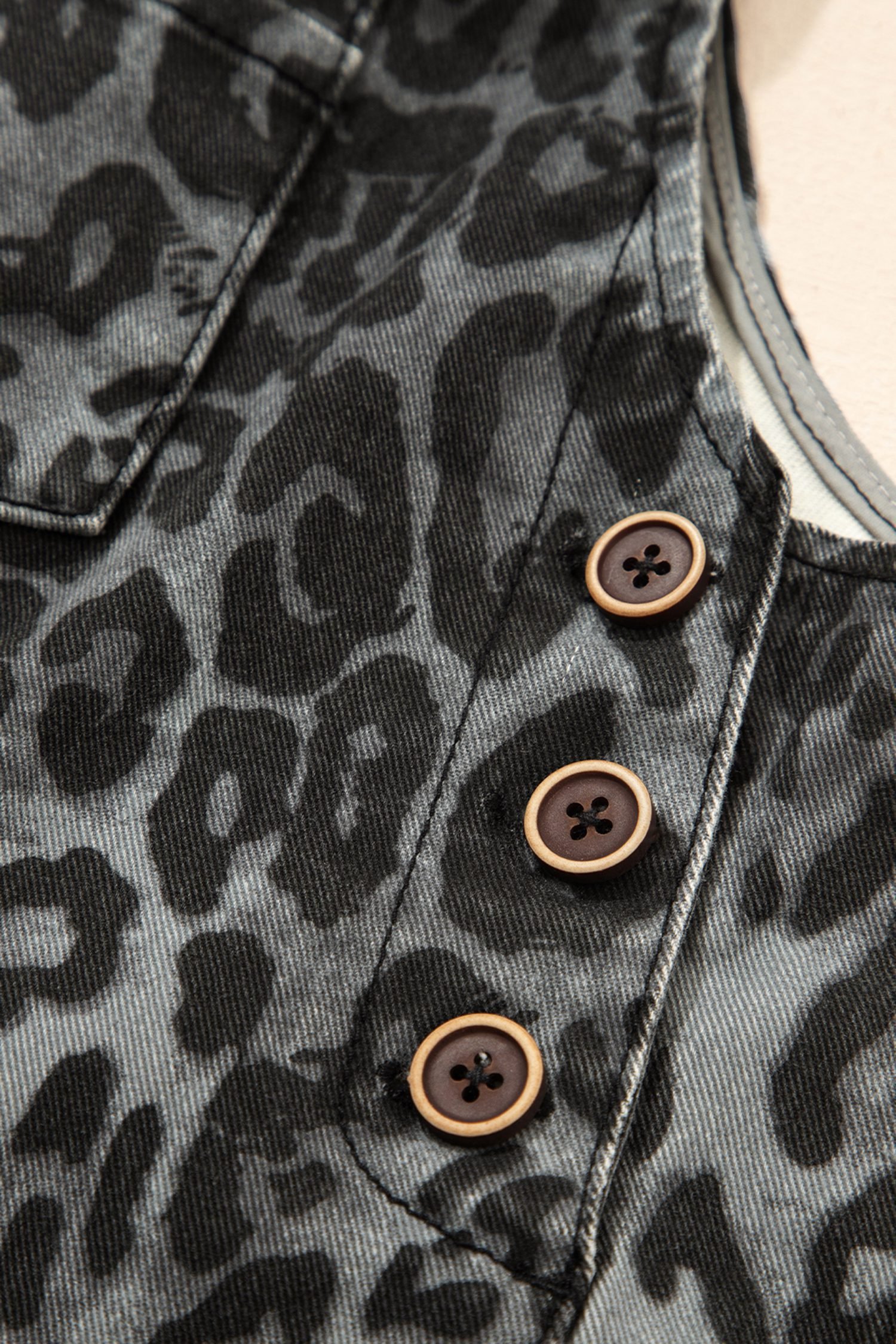 Gray Leopard Print Button Adjustable Straps Cropped Loose Denim Overalls - Image 11