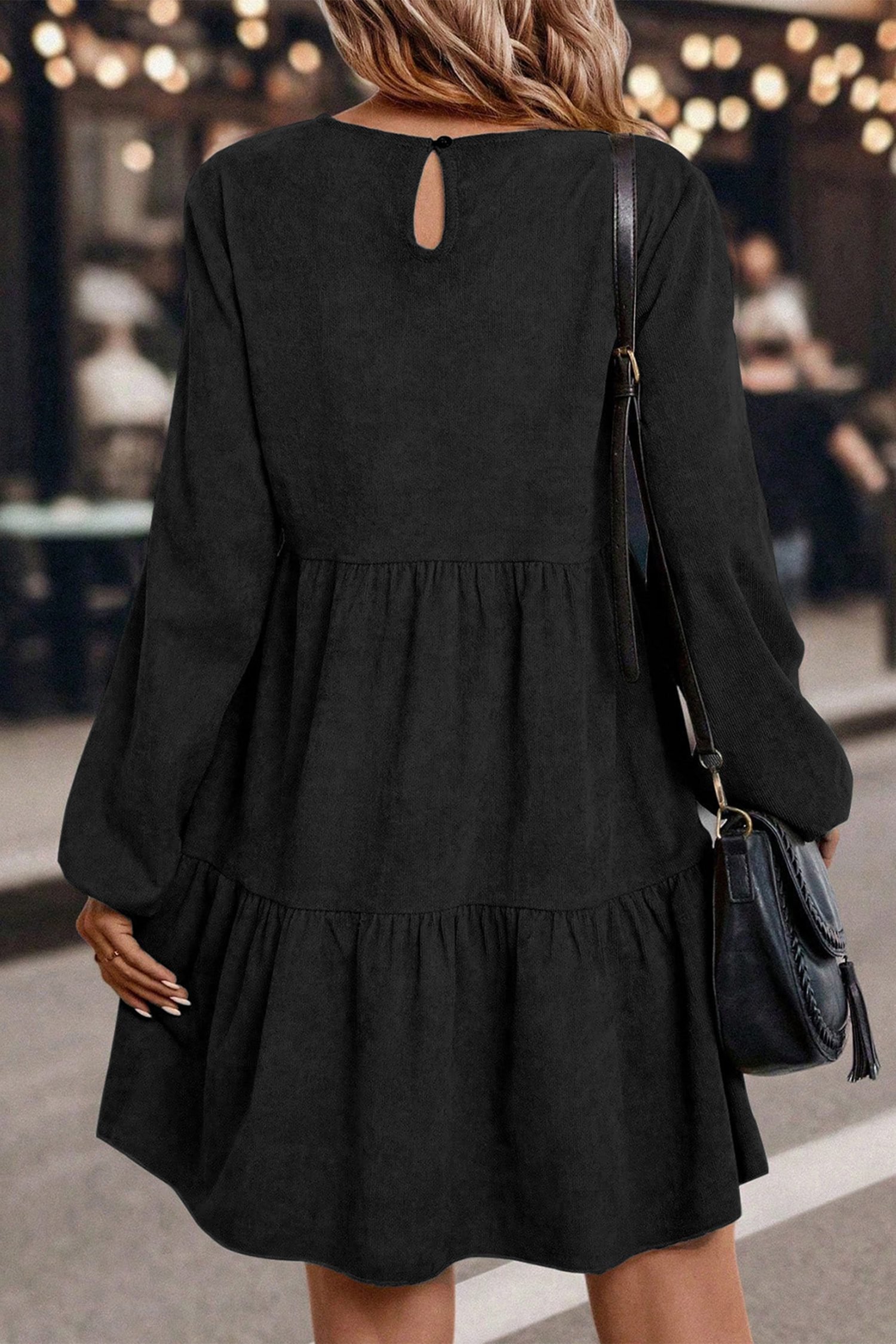 Black Lantern Sleeve Tiered Mini Dress - Image 2