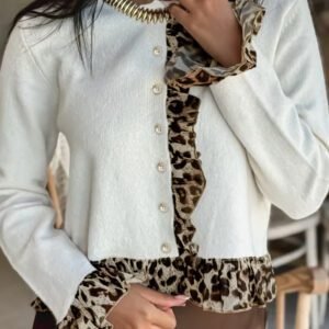 White Knitted Leopard Ruffle Patchwork Button Down Cropped Cardigan