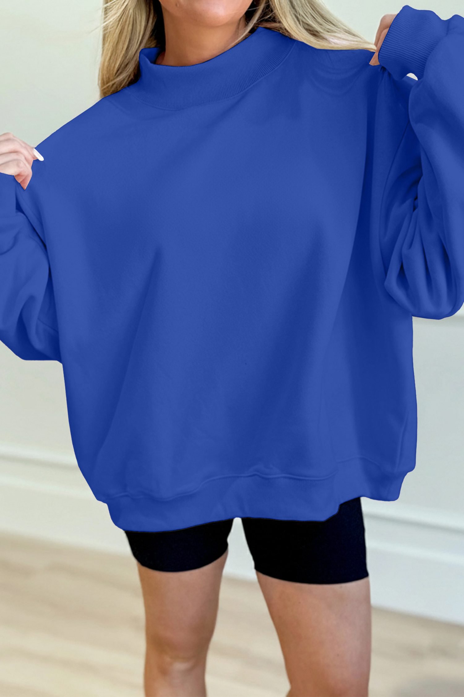 Dark Blue Solid Color Oversized Mock Neck Sweatshirt - Image 4