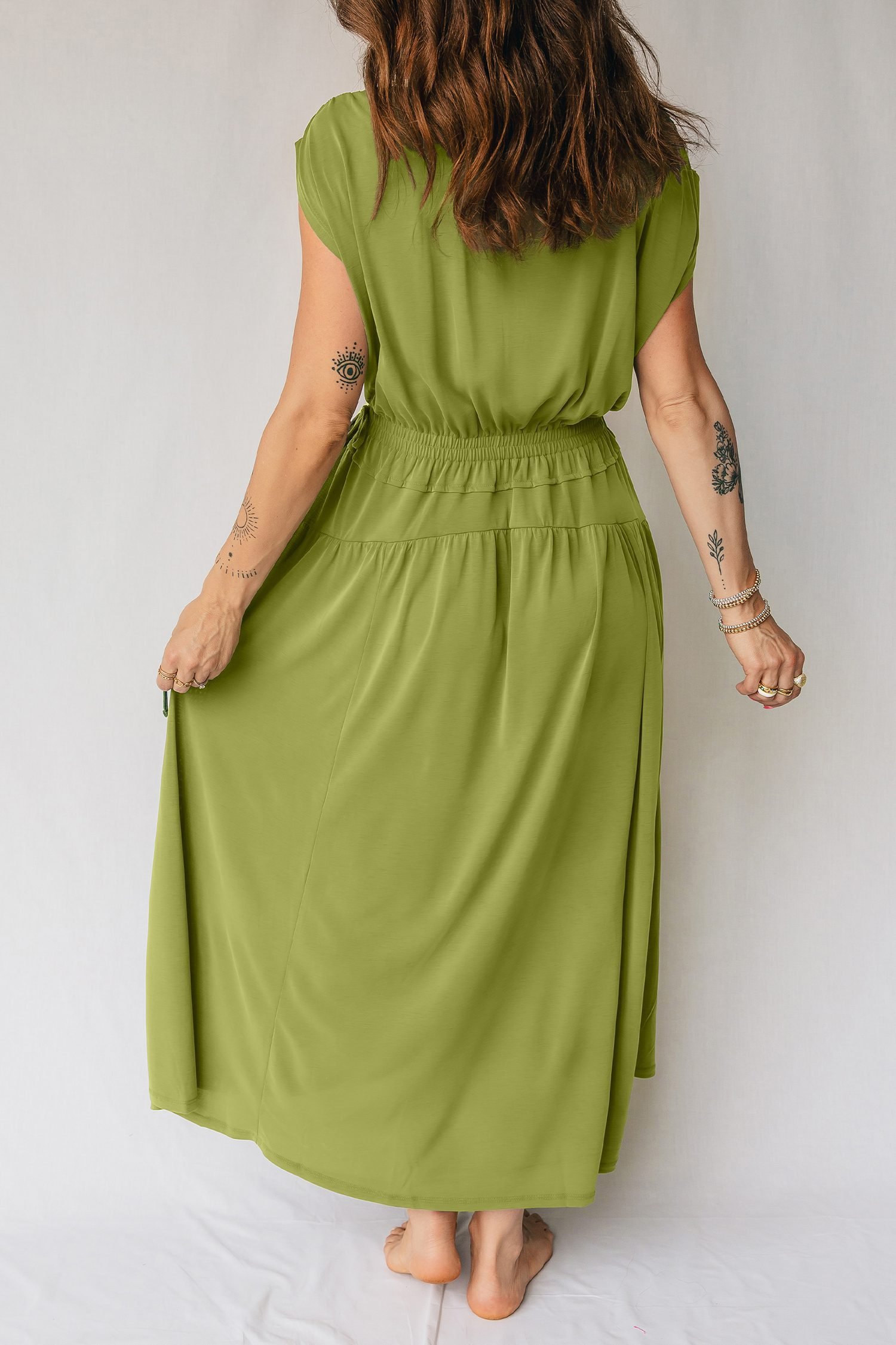 Fern Green Solid V Neck Cap Sleeve Tunic Elastic Waist Versatile Maxi Dress
