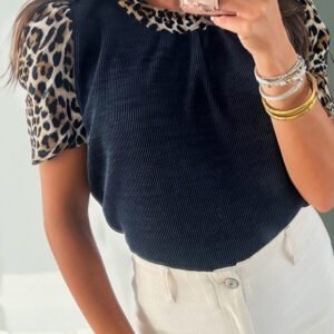 Navy Blue Ribbed Contrast Leopard Patchwork Short Sleeve Top