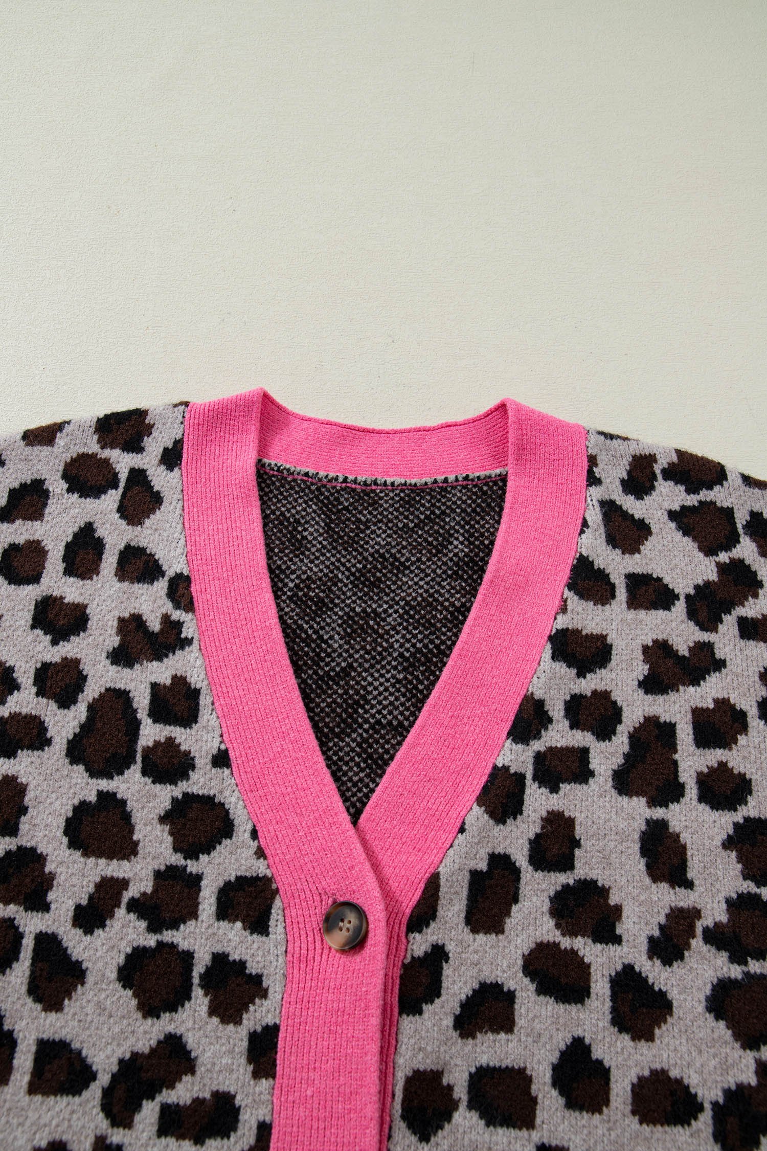 Khaki Oversize Color Block Trim Button Down Leopard Print Cardigan