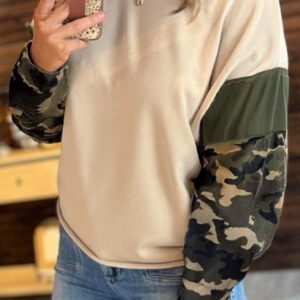 Apricot Camo Print Patchwork Sleeve Raw Hem Plus Size Sweatshirt