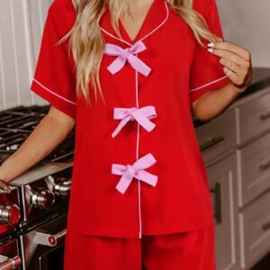 Fiery Red Contrast Trim Ribbon Bow Short Silky 2pcs Pajama Set