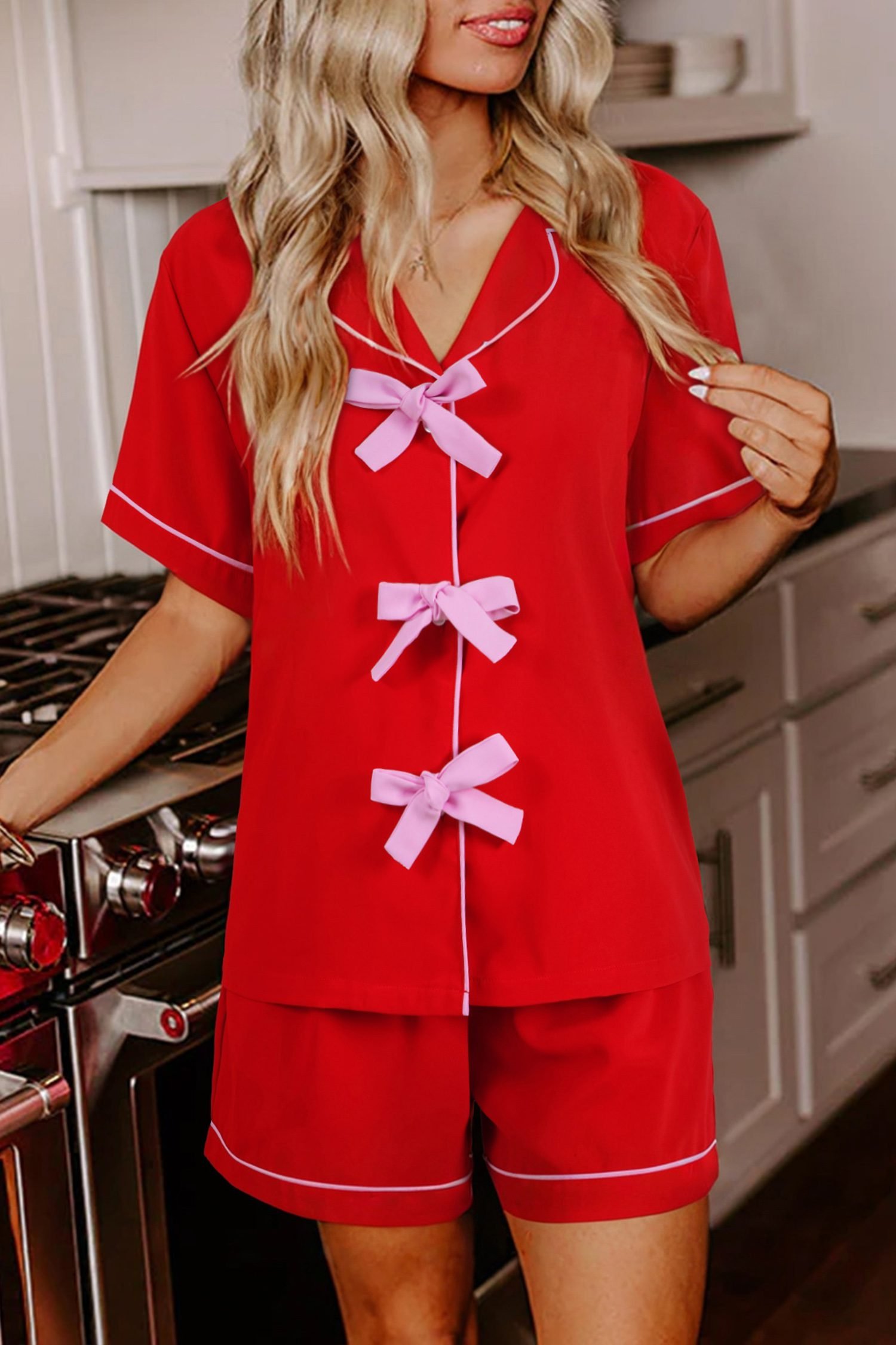 Fiery Red Contrast Trim Ribbon Bow Short Silky 2pcs Pajama Set
