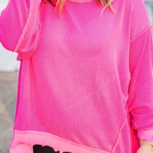 Rose Red Drop Shoulder Uneven Hem Plus Size Twisted Rib Top