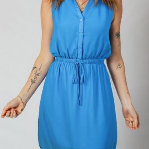 Blue Half Buttons Collared Elastic Waist Sleeveless Shirt Dress