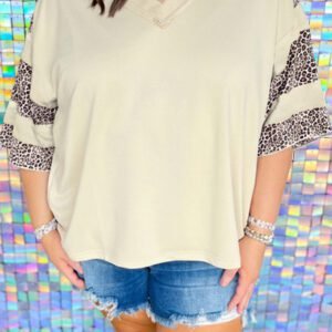 Apricot V Neck Exposed Seam Leopard Color Block Patchwork Half Sleeve Top