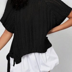 Black Plus Size Open Knit Bow Tie Short Sleeve Sweater