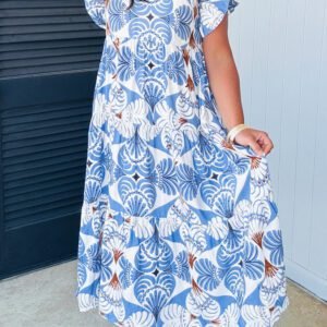 Sky Blue Tropical Botanic Print Flutter Sleeve Vacation Long Dress
