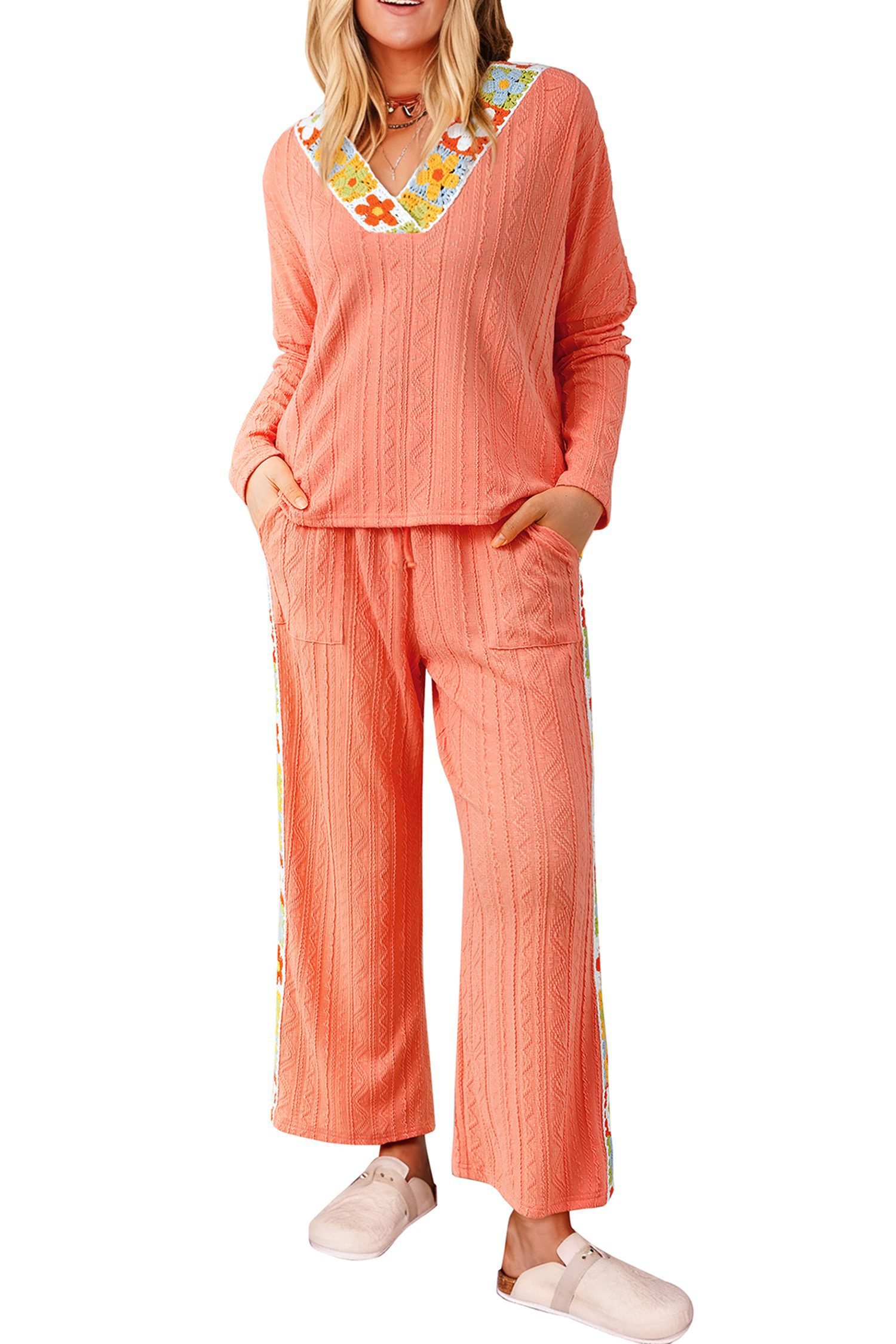 Grapefruit Orange Crochet Floral Accent V Neck Textured Pants Set