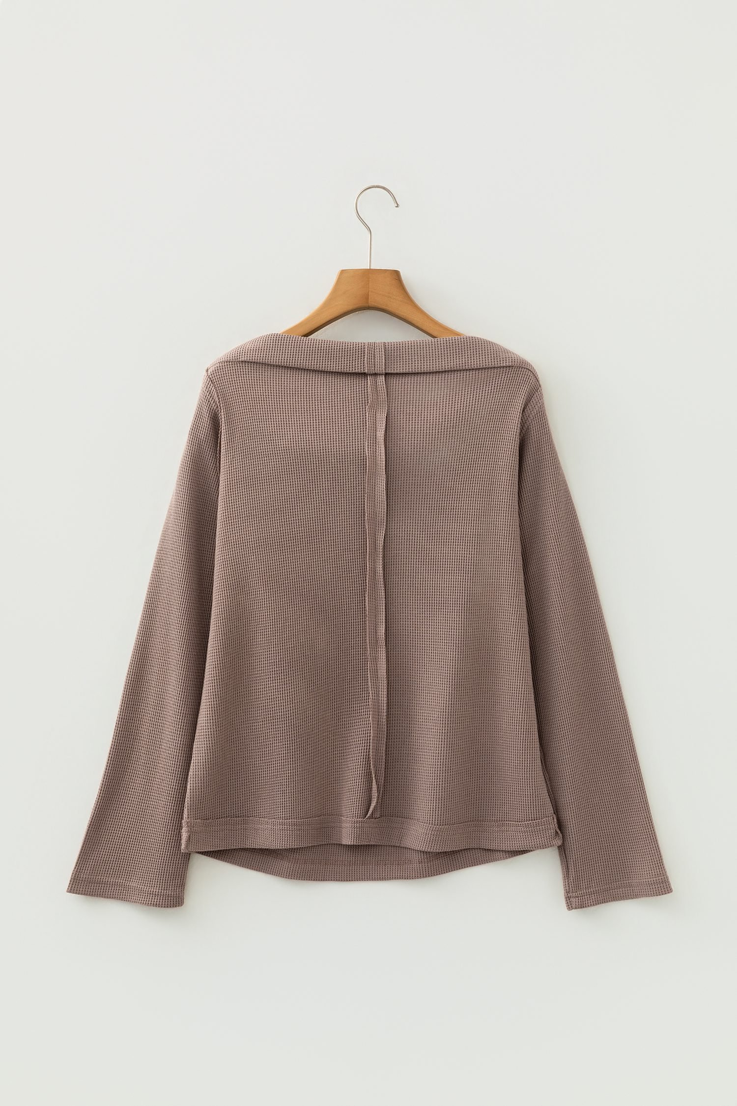Old Rose Solid Color Waffle Knit Asymmetric Neck Long Sleeve Top - Image 6