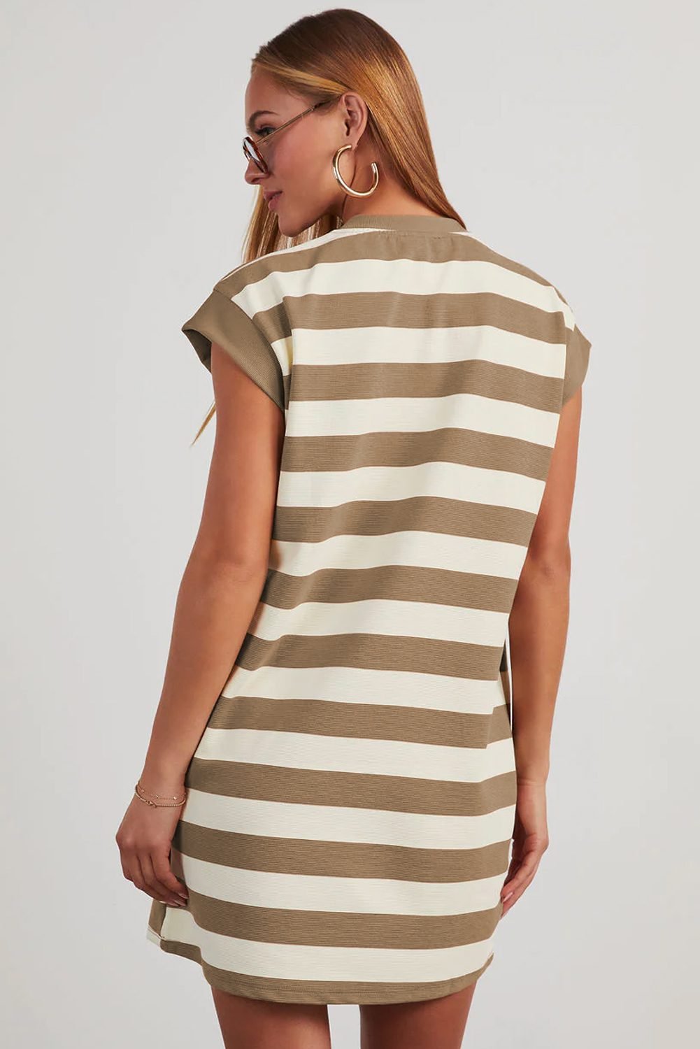 Khaki Stripe Cap Sleeve Shift T Shirt Dress