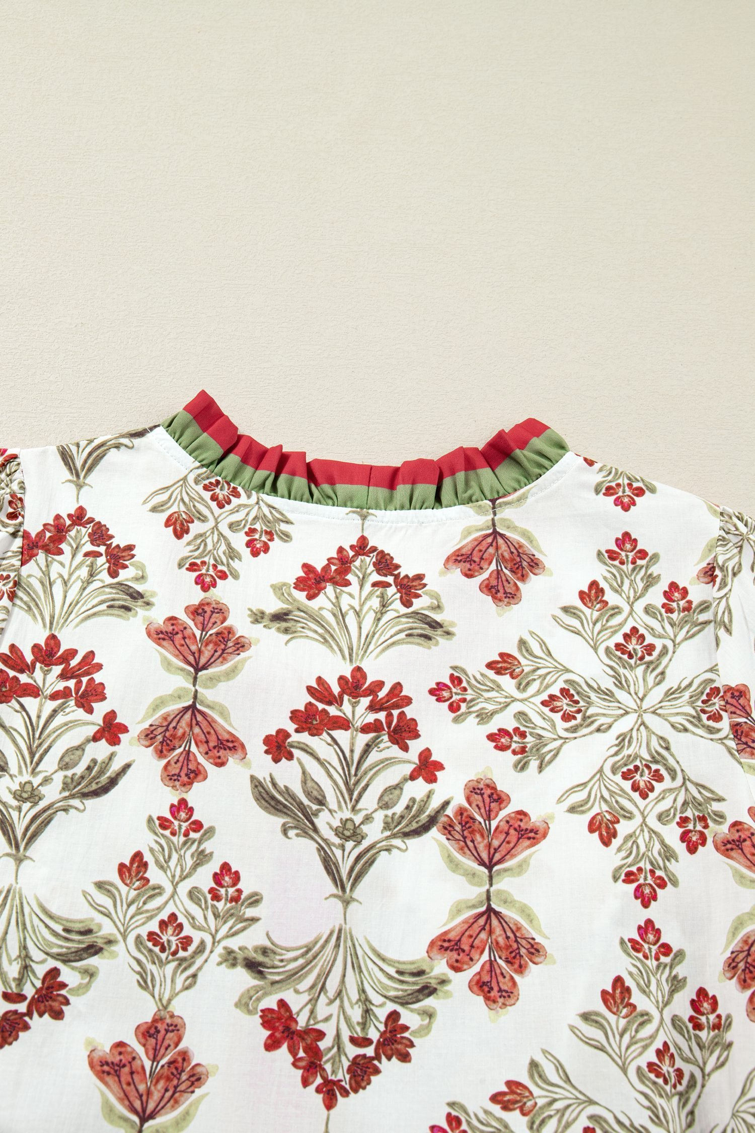 Pink Floral Print Contrast Trim Frilled Neck Long Sleeve Flared Dress