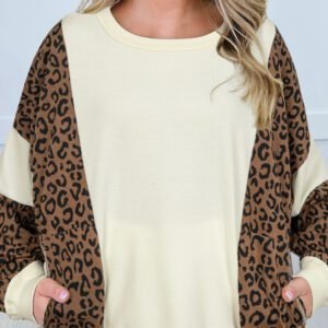 Beige Raw Seam Color Block Leopard Patchwork Baggy Long Sleeve Top
