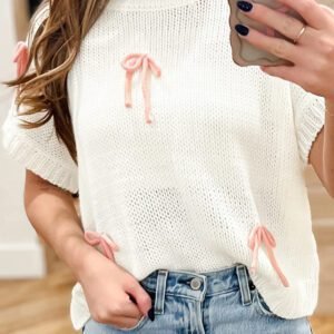 White Short Sleeve Knit Contrast Bow Knot Loose Sweater