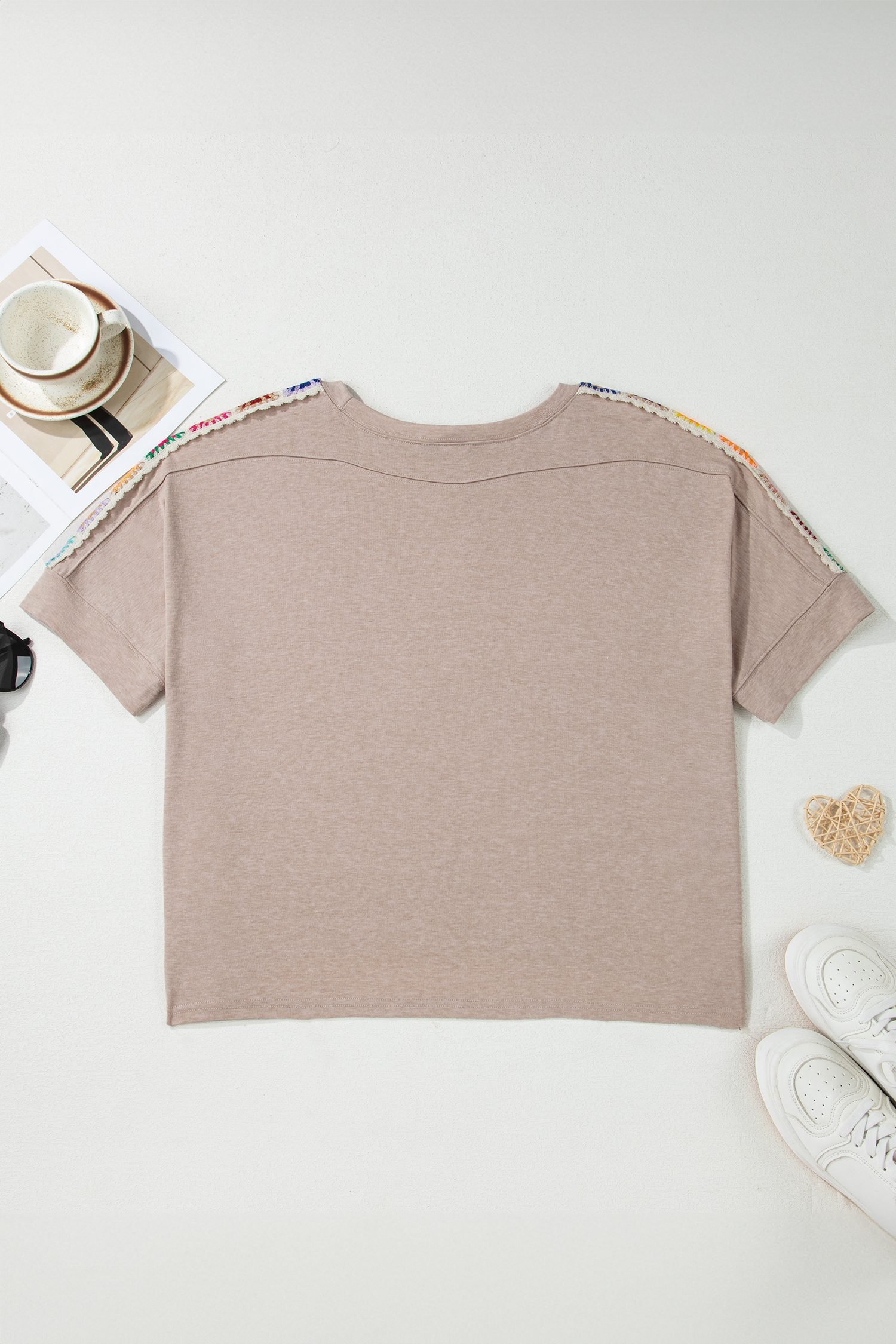 Parchment Granny Square Crochet Detail Loose T Shirt