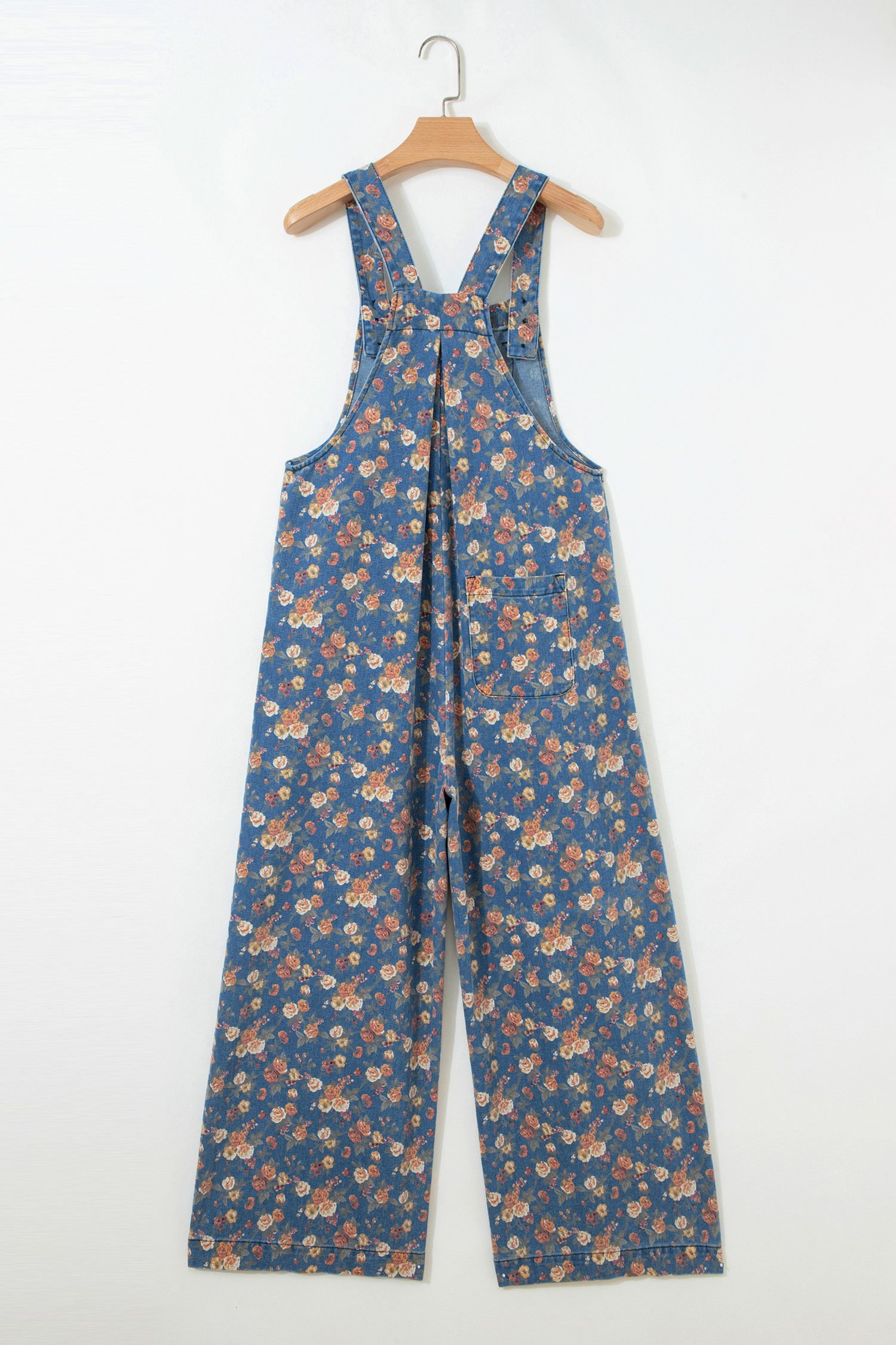 Blue Vintage Rose Printed Pleated Loose Denim Overall Jumpsuit