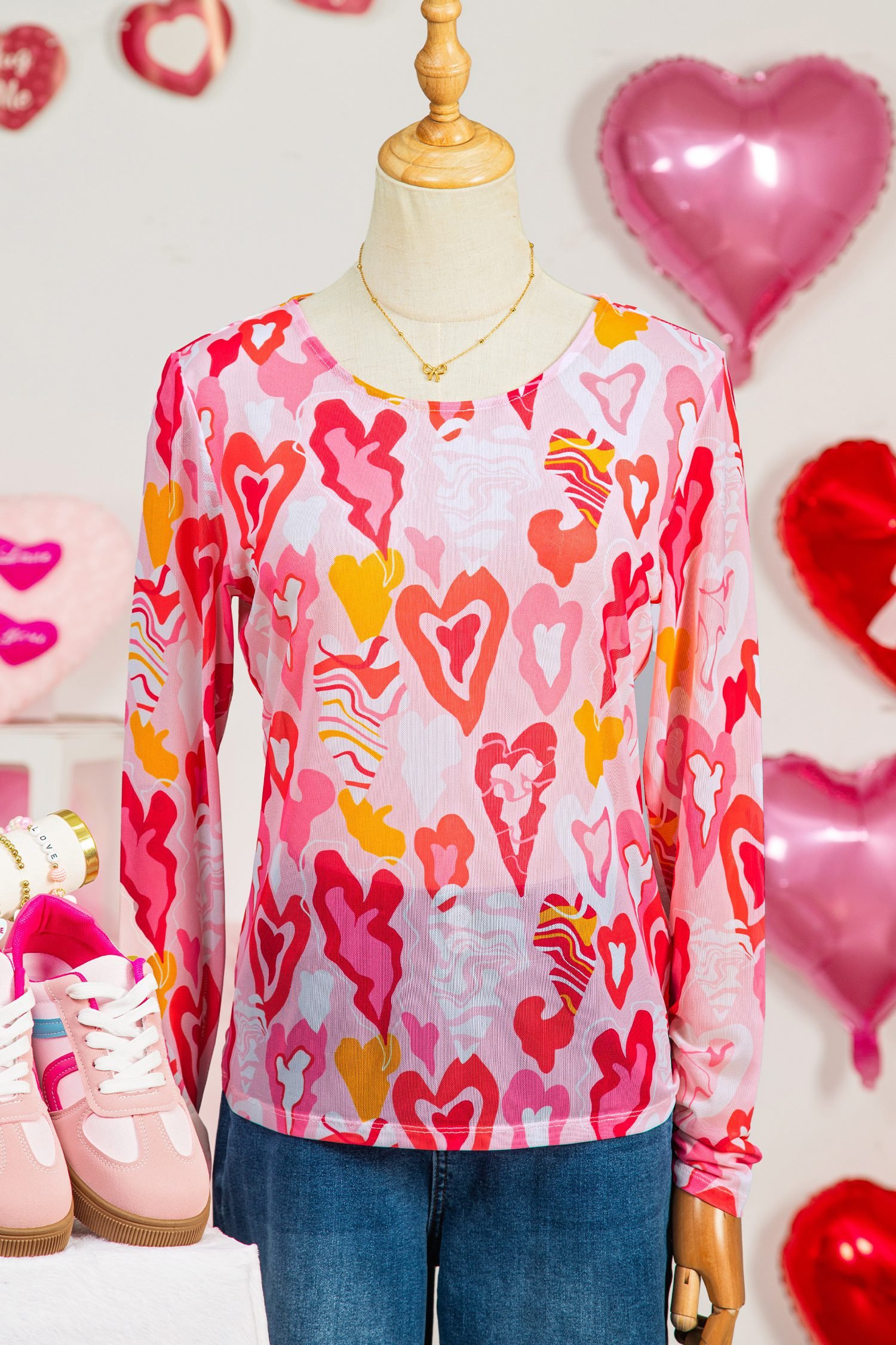 Rose Valentine Heart Mesh Long Sleeve Top
