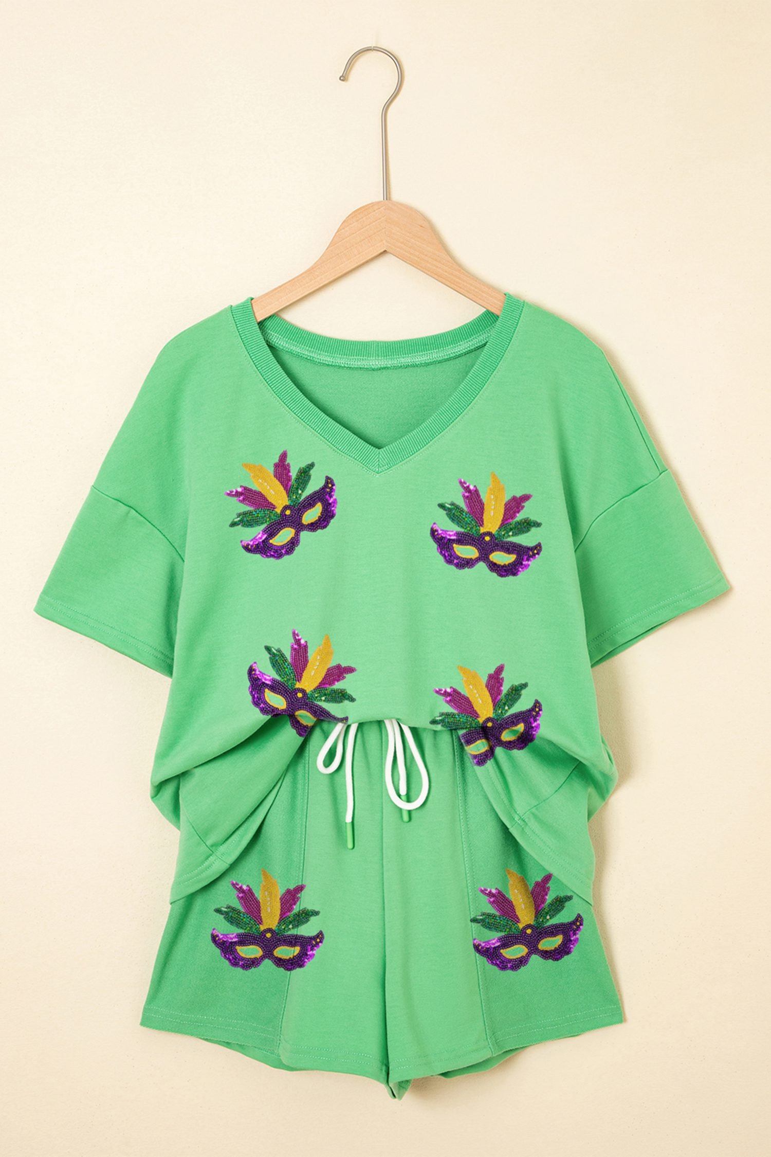 Mint Green Sequin Mardi Gras Mask V Neck Tee Drawstring Shorts 2pcs Outfit