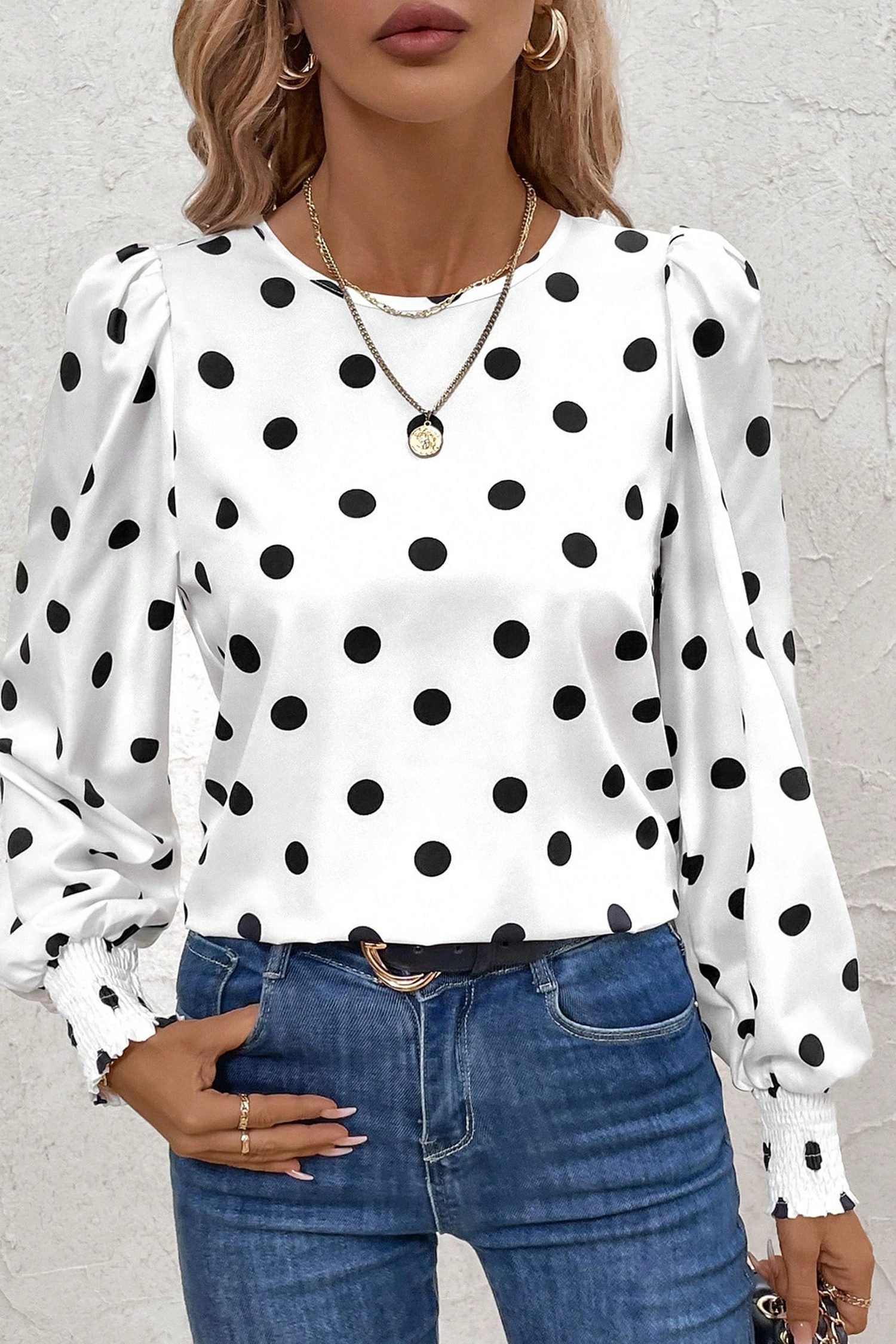 White Polka Dot Print Round Neck Frilled Long Sleeve Blouse - Image 6