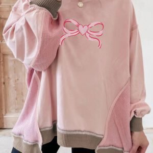Light Pink Heart Bow Embroidered Exposed Seam Color Block Waffled Patchwork Sweatshirt
