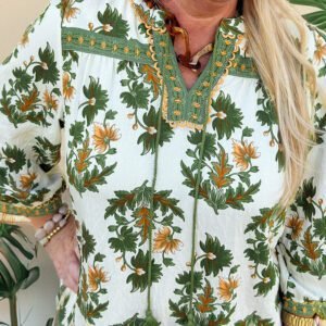 Green Plus Size Floral Printed Contrast Patchwork Detail Tassel Tie 3/4 Sleeve Blouse