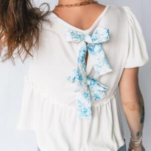 White Textured Knit V Neck Short Bubble Sleeve Peplum Top