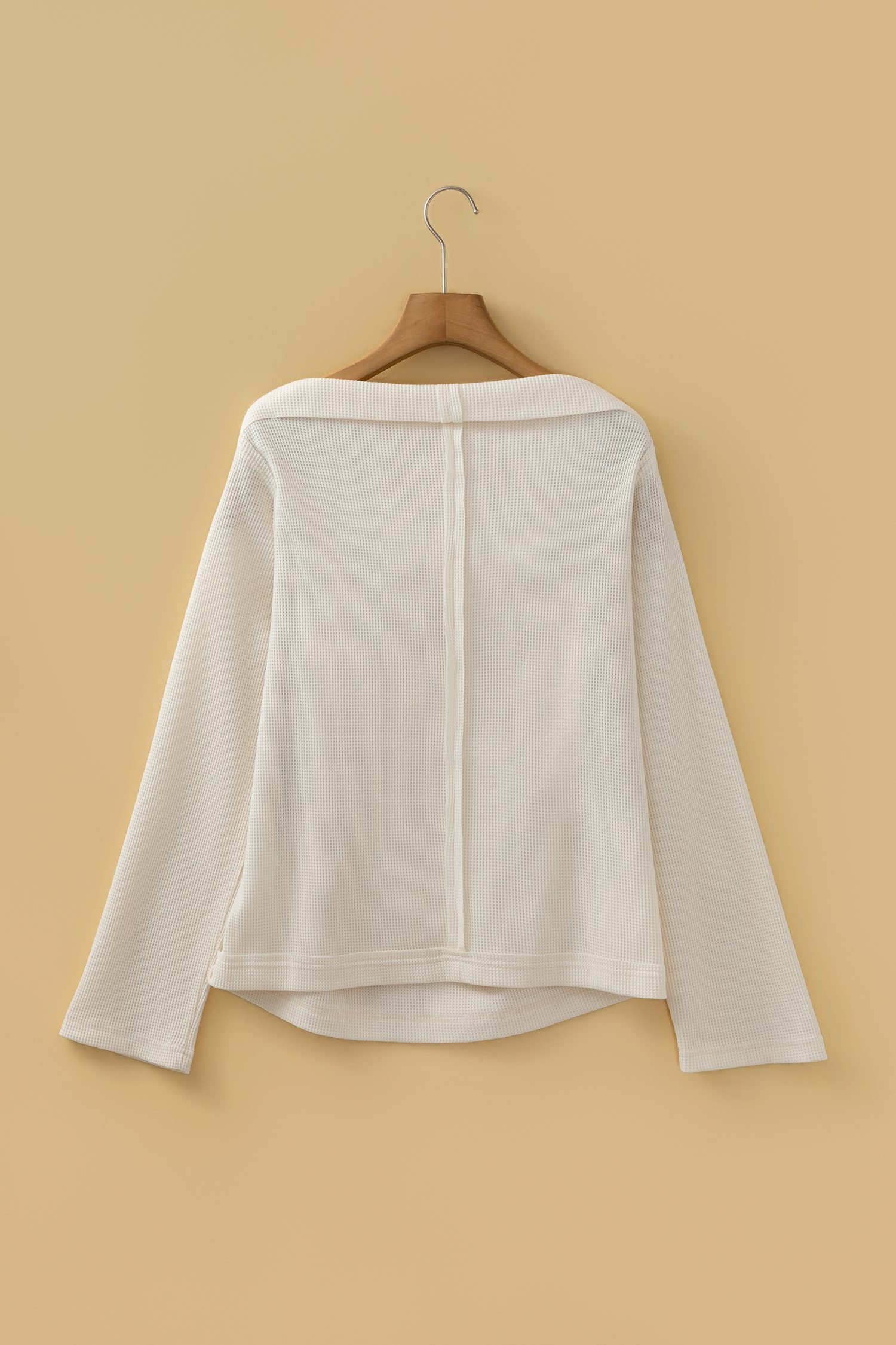Beige Solid Color Waffle Knit Asymmetric Neck Long Sleeve Top
