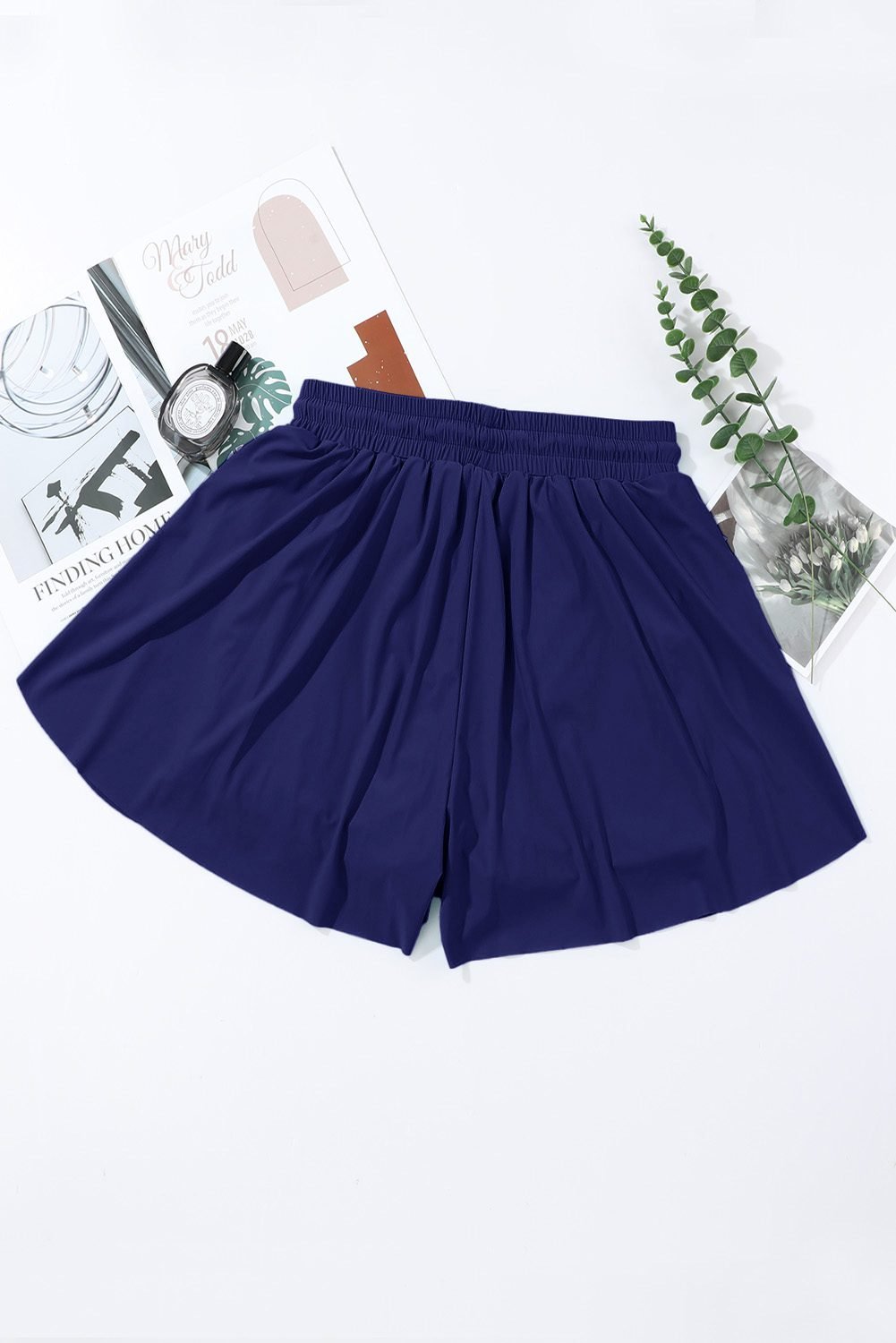 Navy Blue Drawstring Elastic Waist Lined Ruffle Shorts Bikini Bottom