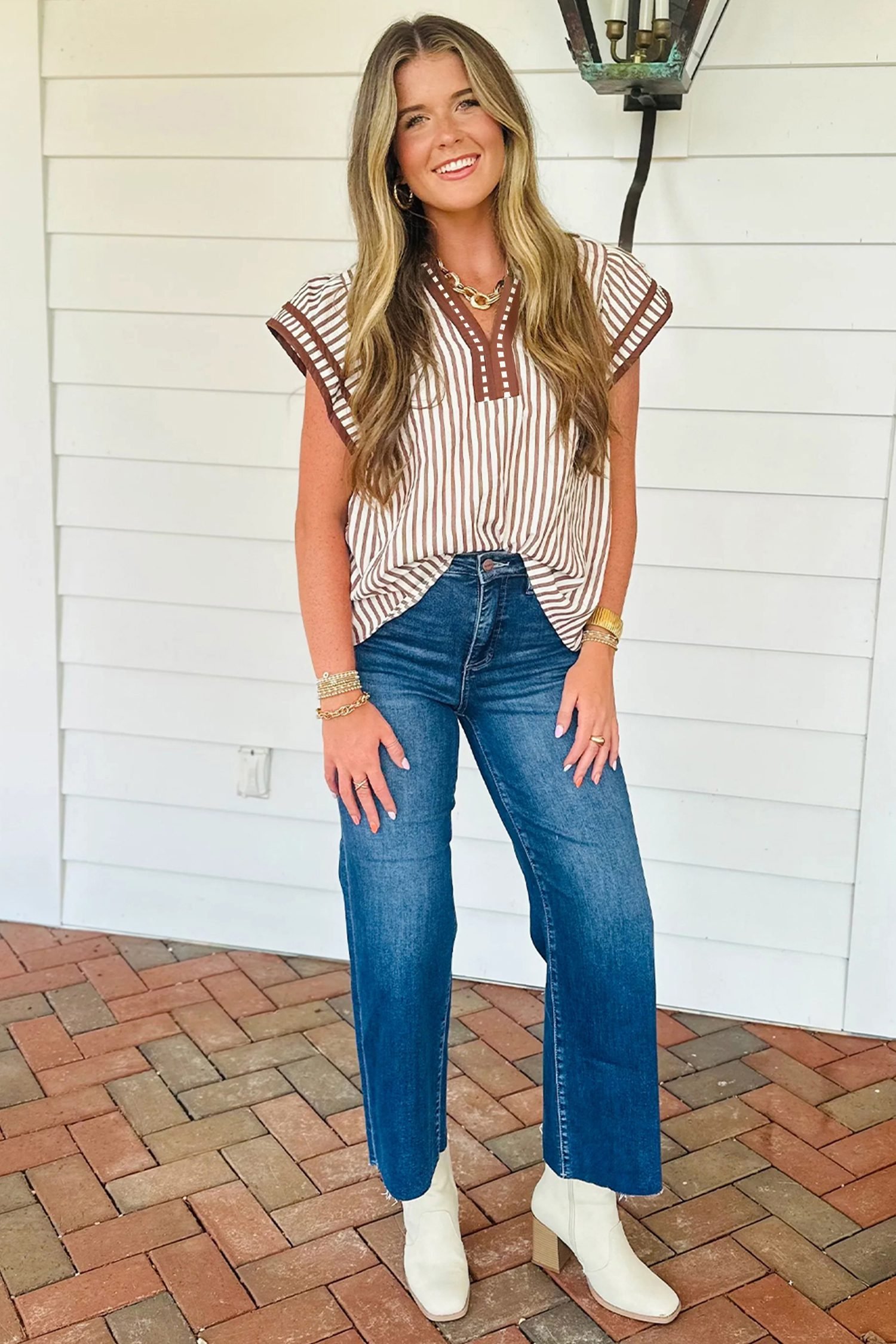 Khaki Stripe Double Ruffled Short Sleeve V Neck Blouse - Image 11