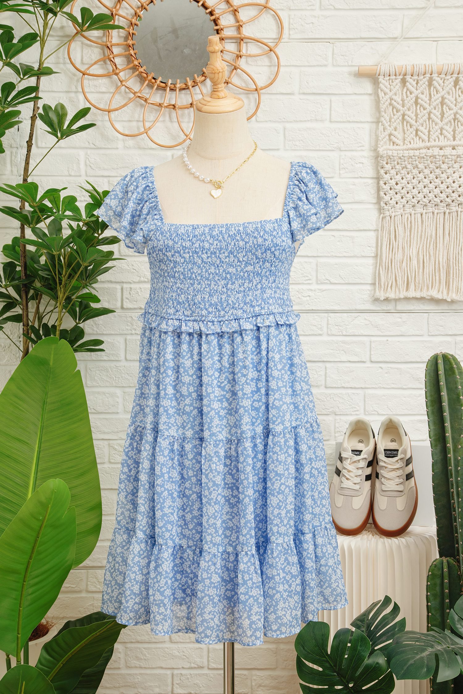 Sky Blue Floral Print Square Neck Flutter Sleeve Smocked Tiered Mini Dress