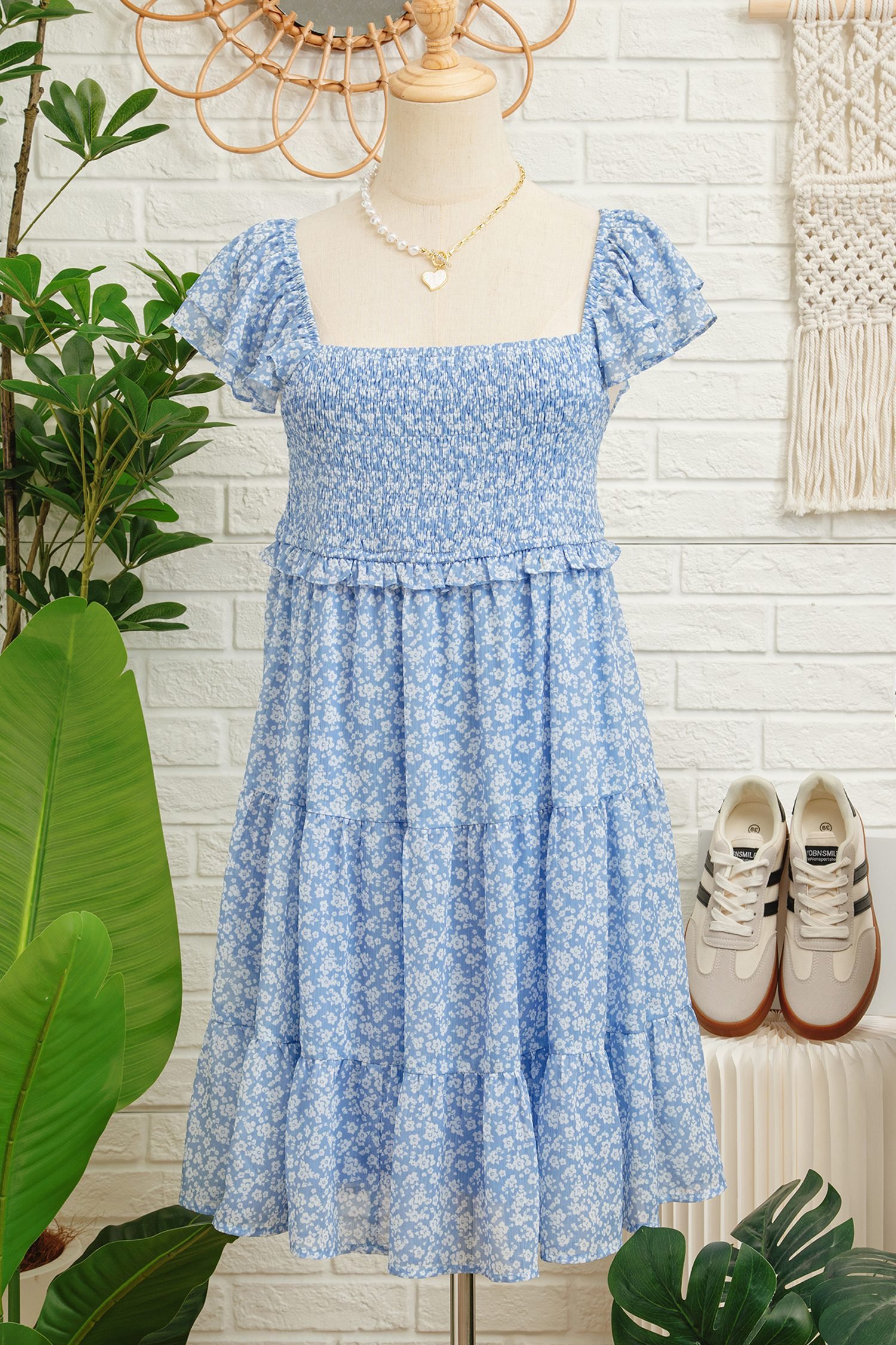 Sky Blue Floral Print Square Neck Flutter Sleeve Smocked Tiered Mini Dress