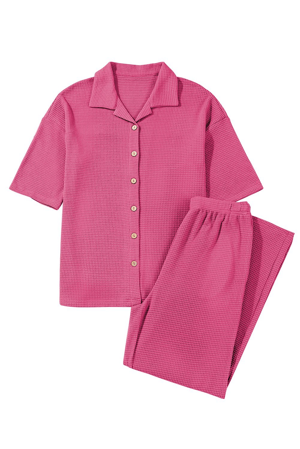 Rose Red Solid Color Textured Buttoned Shirt and Casual Pants Set