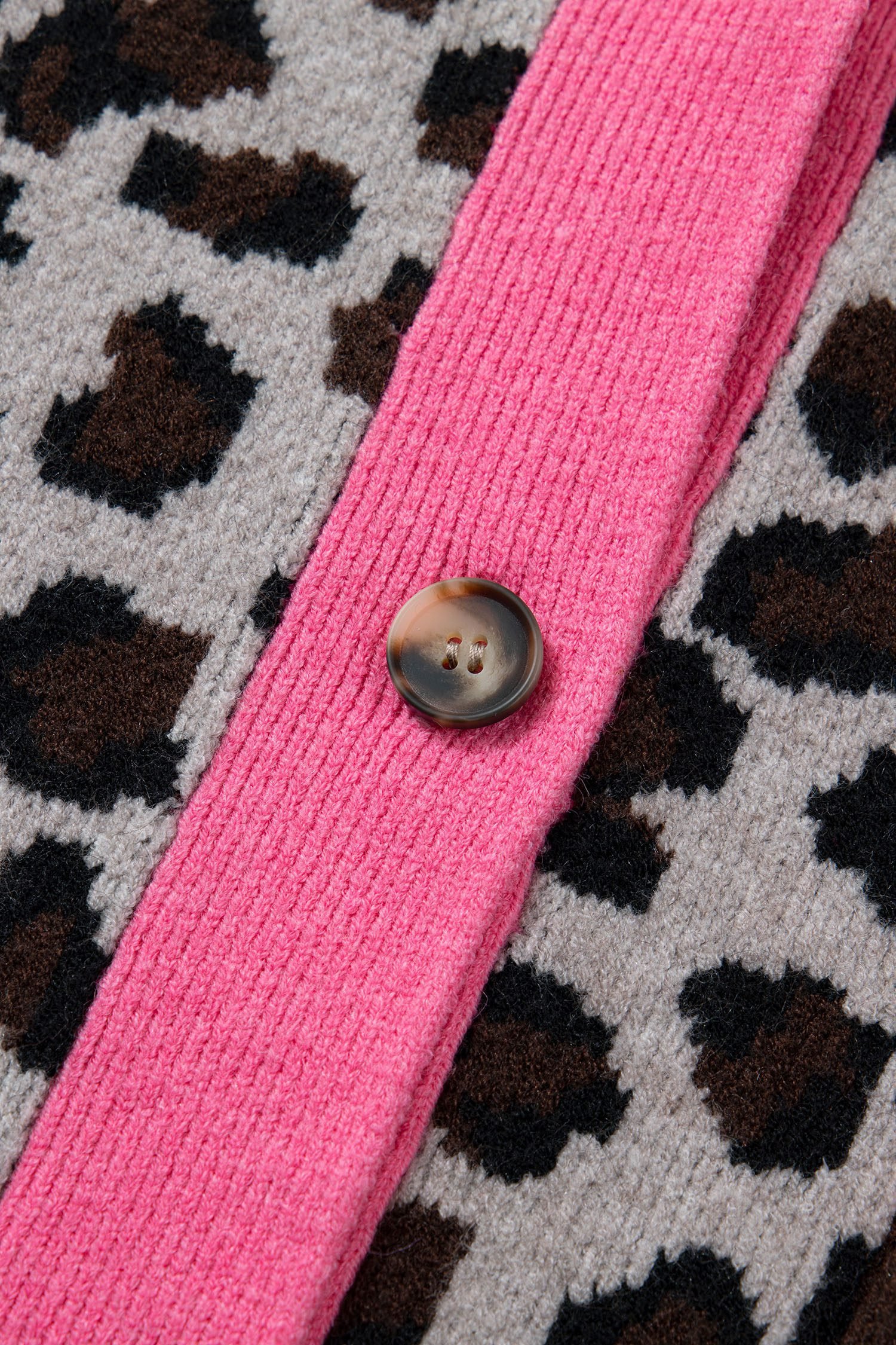 Khaki Oversize Color Block Trim Button Down Leopard Print Cardigan