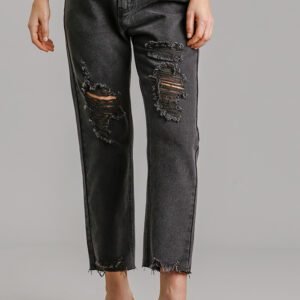 5 Pockets Non -stretch Straight Cut Distressed Denim Jeans With Raw Hem