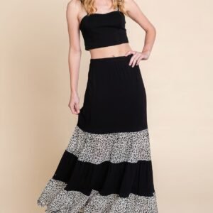 Long Tiered Contrast Fashion Skirt With Velvet Animal Print Mesh