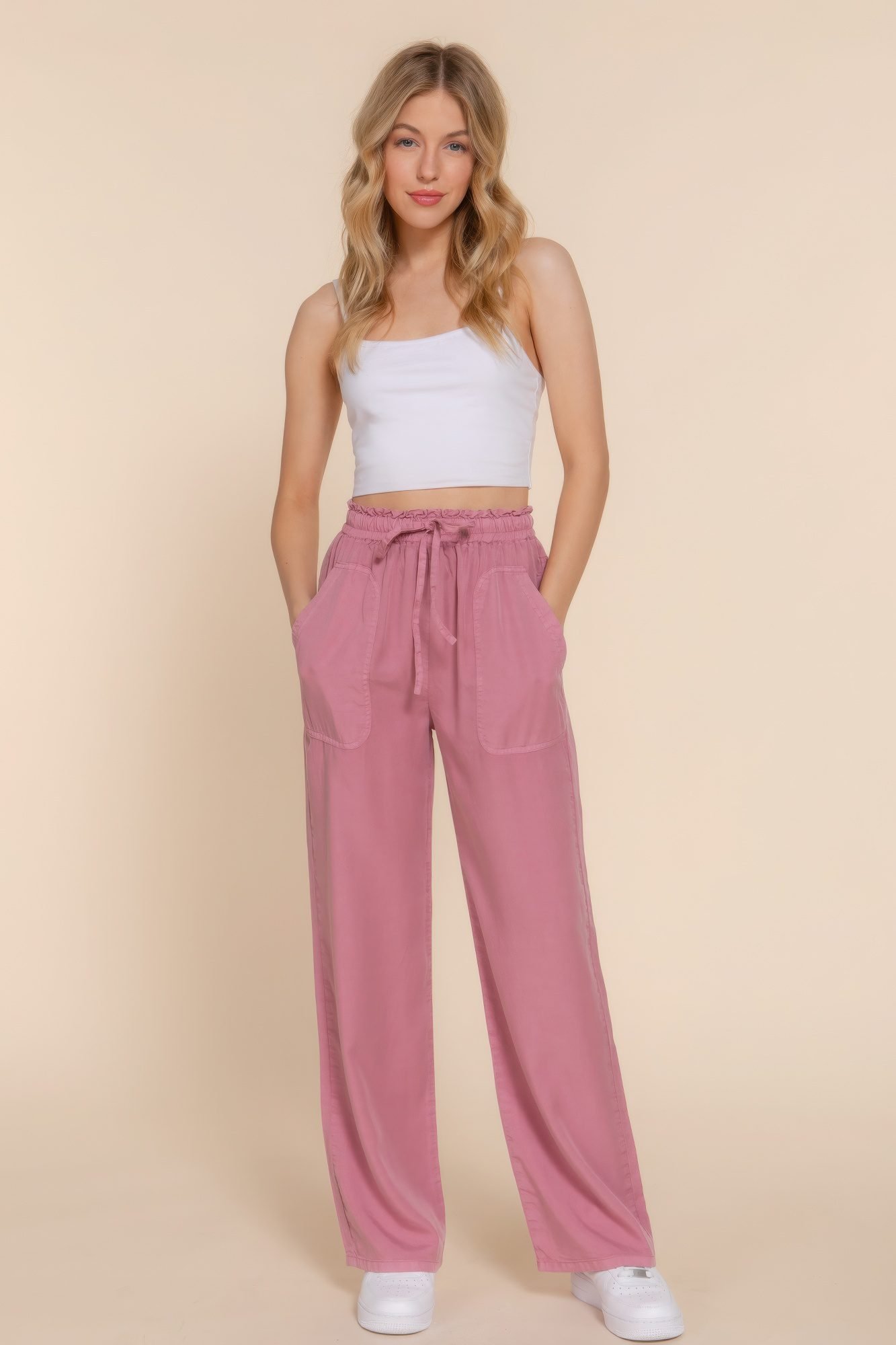Elastic Waist Tencel Long Pants -58865b
