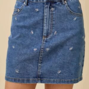 Mini Denim Skirt With All Over Ribbon Bow