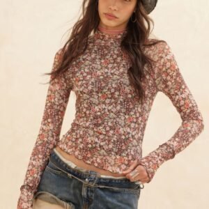 Floral -print Mesh Cropped Mock -neckthumbhole Top