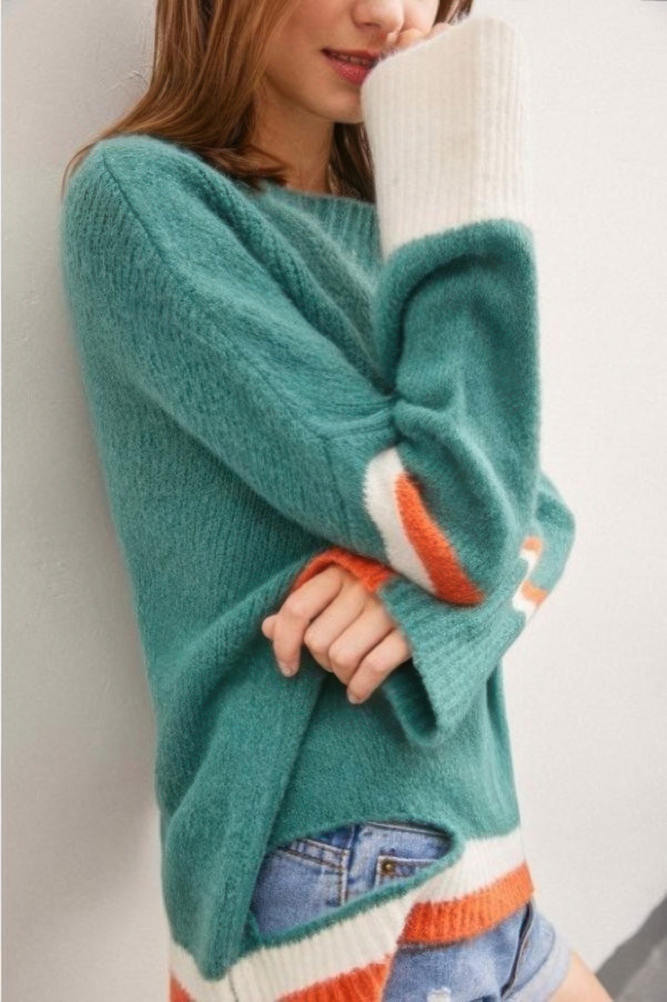 Green Color Block Sweater With Cut Out -59730
