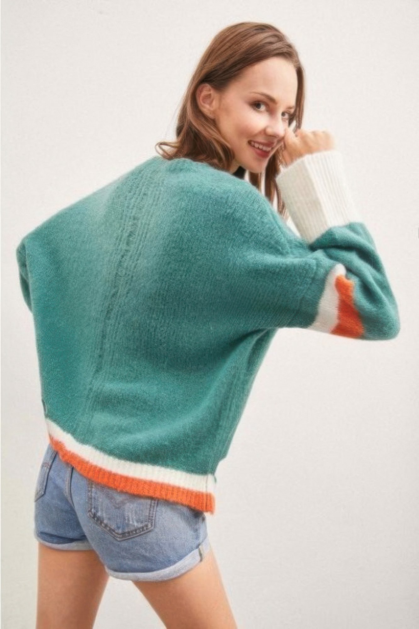 Green Color Block Sweater With Cut Out -59730