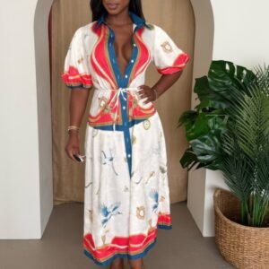 Crane & Nautical Belted Midi Dress Ivory Multi