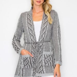 Open Wool Cardigan With Belt String & Front Pocket -59942