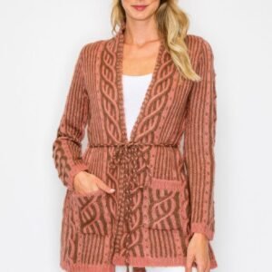Open Wool Cardigan With Belt String & Front Pocket -59943