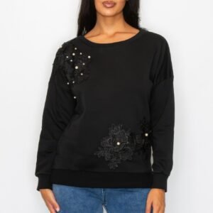 Faux Pearl Beaded Floral Patch Crewneck Sweatshirt