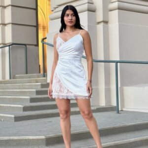 Sexy Party Satin Wrap Like & Lace Nude Mini Dress