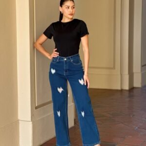 Embroidered Distressed Heart Wide Leg Denim Jean