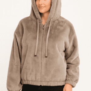 Plush Zip -Up Hooded Jacket in Taupe -59978
